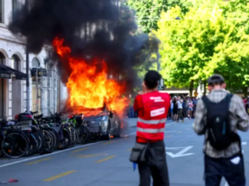 Geneva Police Fire Teargas at G7 Protesters Who Set Tesla on Fire